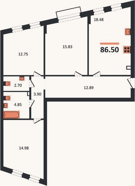 Планировка: 3-к, 86,5 м²