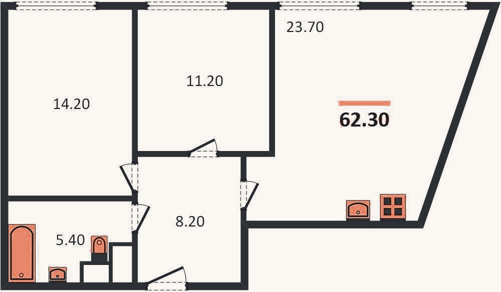 Планировка: 2-к, 62,3 м²
