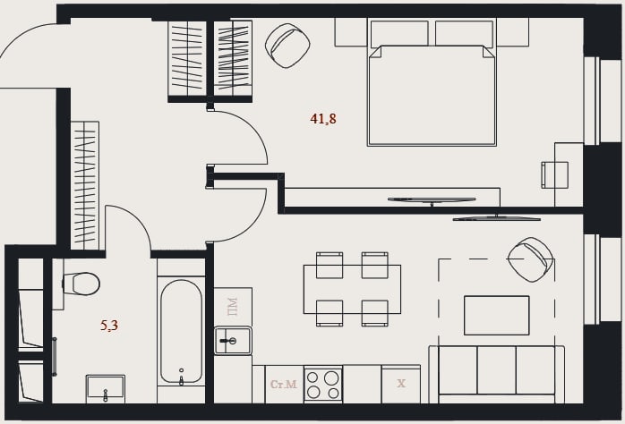 Планировка: Студия, 47,1 м²