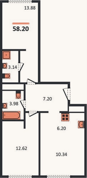 Планировка: 2-к, 58,2 м²
