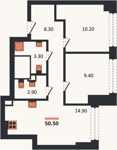 Планировка: 2-к, 50,4 м²