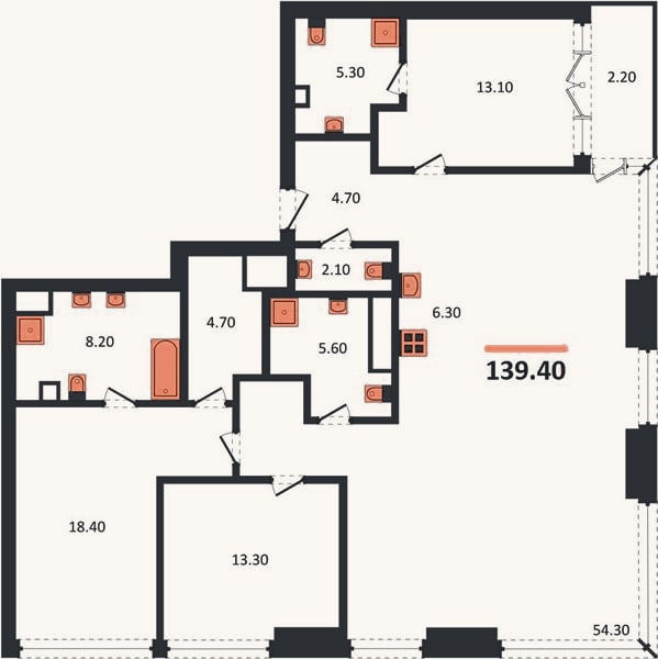 Планировка: 3-к, 139,4 м²