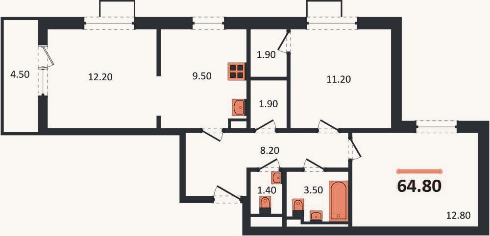 Планировка: 3-к, 64,8 м²