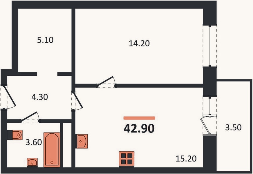Планировка: 1-к, 42,9 м²