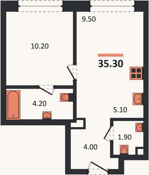 Планировка: 1-к, 35,3 м²