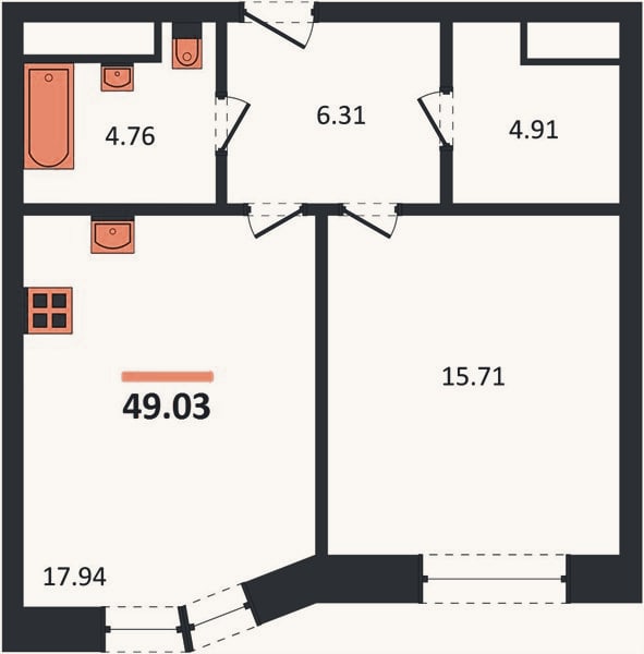 Планировка: 1-к, 49 м²