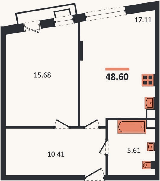 Планировка: 1-к, 48,6 м²