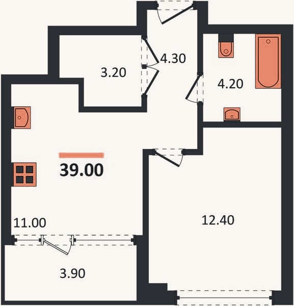 Планировка: 1-к, 39 м²
