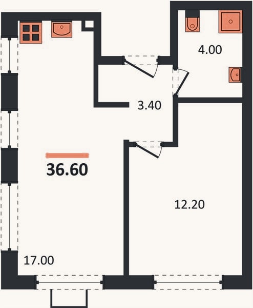 Планировка: 1-к, 36,4 м²