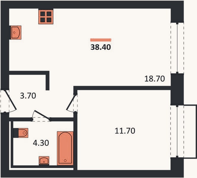 Планировка: 1-к, 38,4 м²