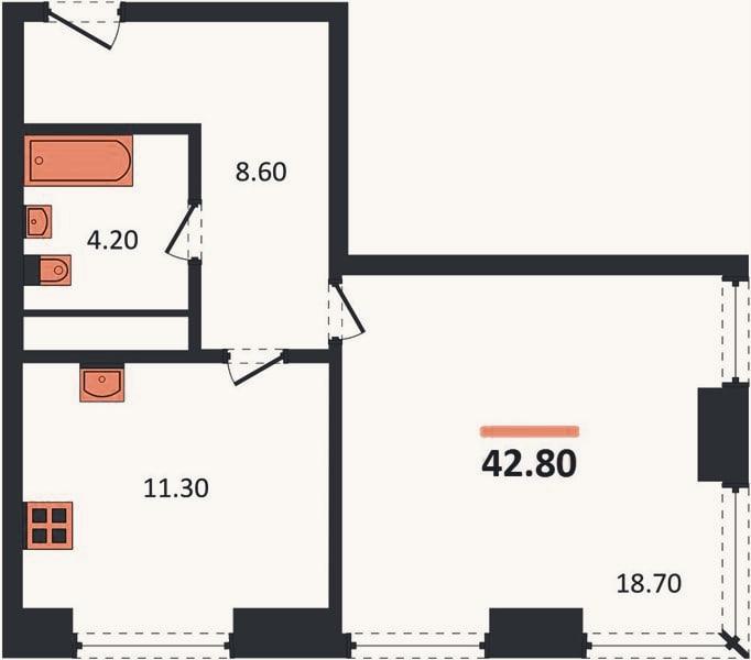 Планировка: 1-к, 42,8 м²