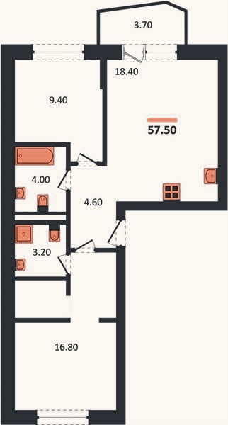 Планировка: 2-к, 57,5 м²