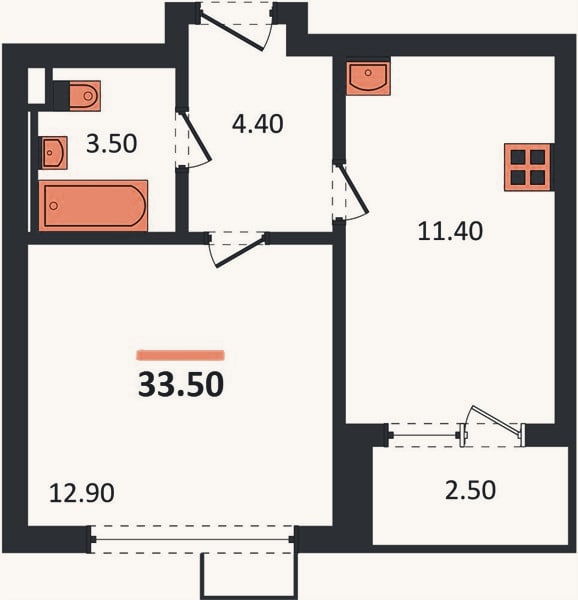 Планировка: 1-к, 33,5 м²