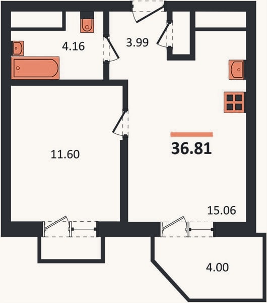 Планировка: 1-к, 36,8 м²