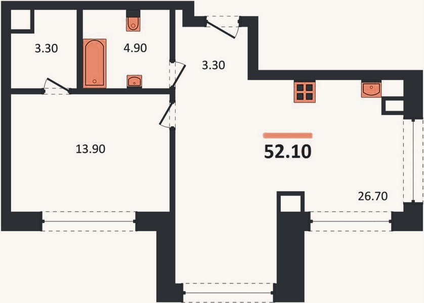 Планировка: 1-к, 52,1 м²