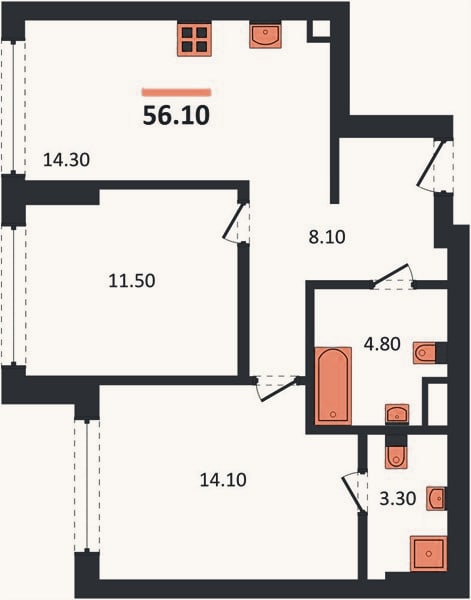 Планировка: 2-к, 56,1 м²