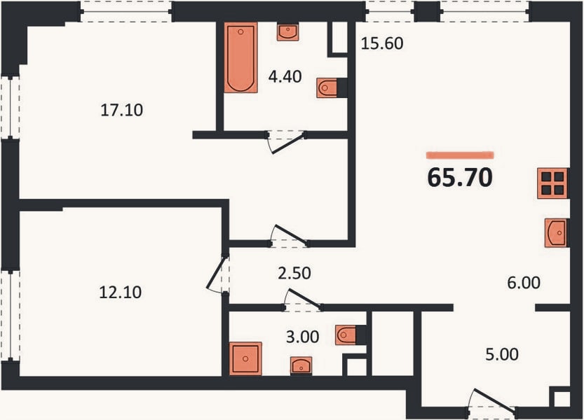 Планировка: 2-к, 65,7 м²