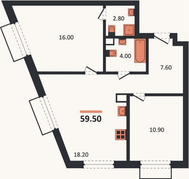 Планировка: 2-к, 59,5 м²