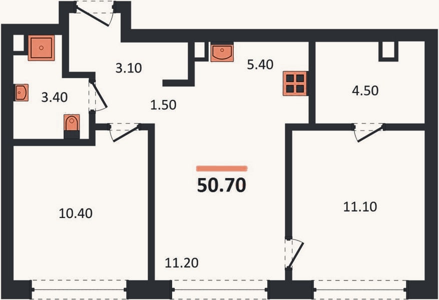 Планировка: 2-к, 50,7 м²