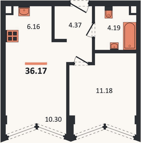 Планировка: 1-к, 36,2 м²