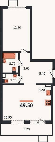 Планировка: 1-к, 49,5 м²