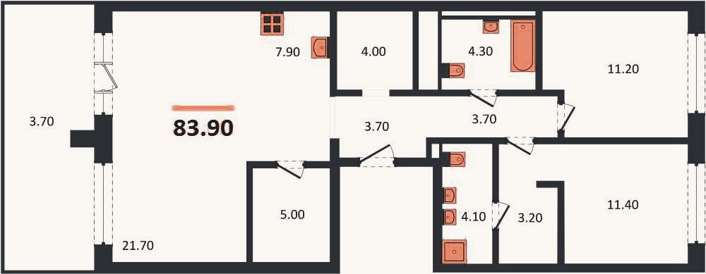 Планировка: 2-к, 83,9 м²
