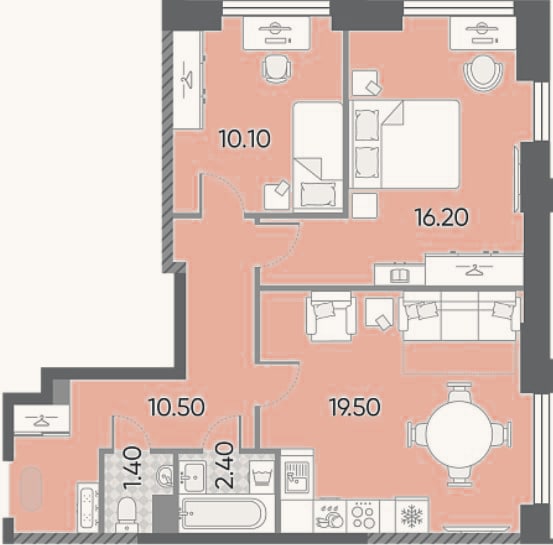 Планировка: 2-к, 60,1 м²