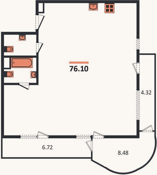 Планировка: 1-к, 76,1 м²