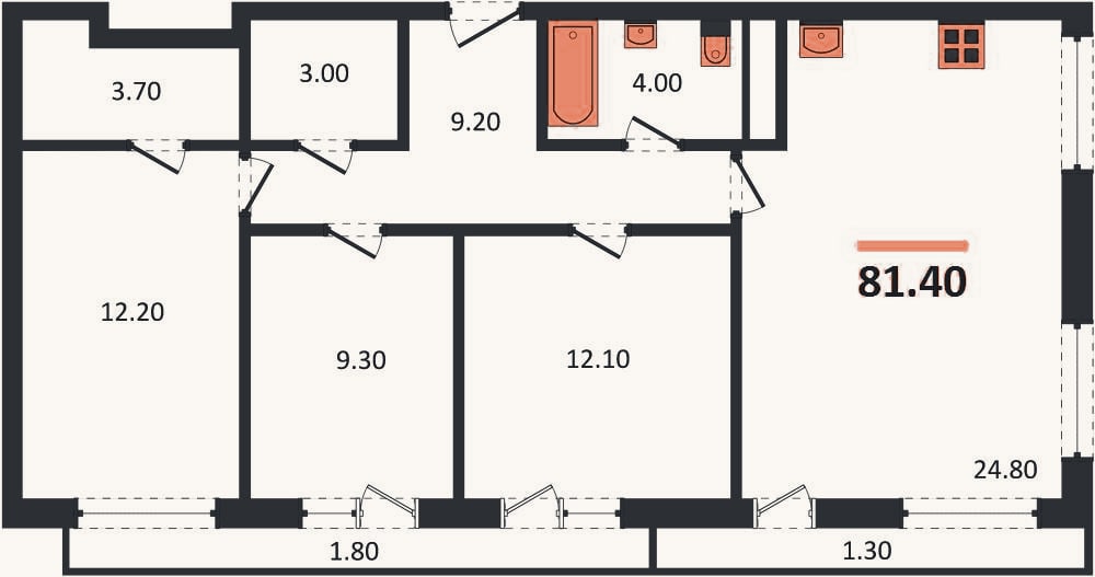 Планировка: 3-к, 81,4 м²