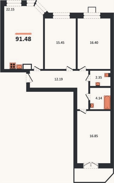 Планировка: 3-к, 91,5 м²