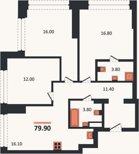 Планировка: 3-к, 79,9 м²