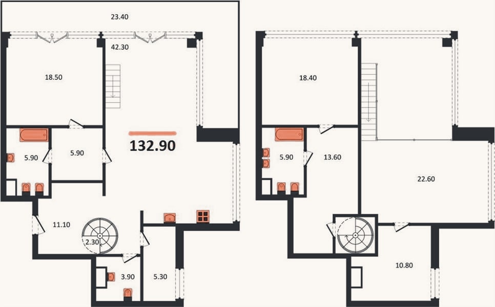 Планировка: 2-к, 132,9 м²