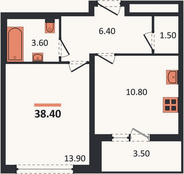 Планировка: 1-к, 38,4 м²