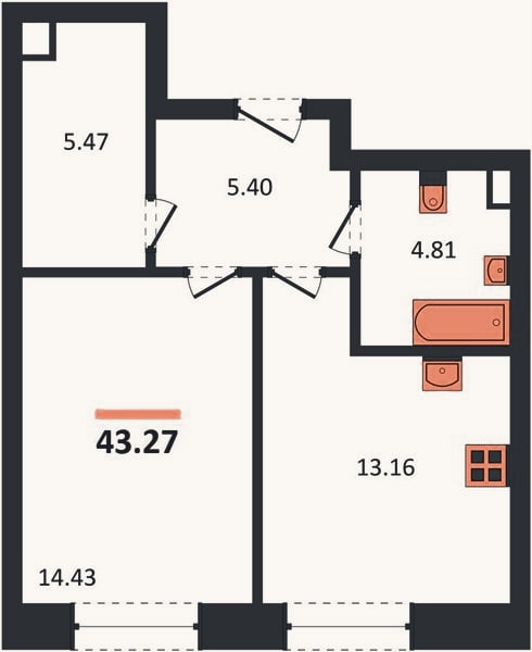 Планировка: 1-к, 43,3 м²
