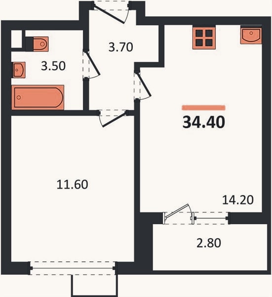Планировка: 1-к, 34,4 м²