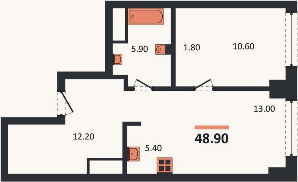 Планировка: 1-к, 48,9 м²