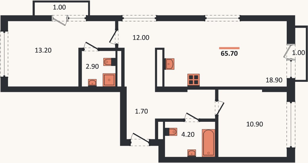 Планировка: 2-к, 65,7 м²
