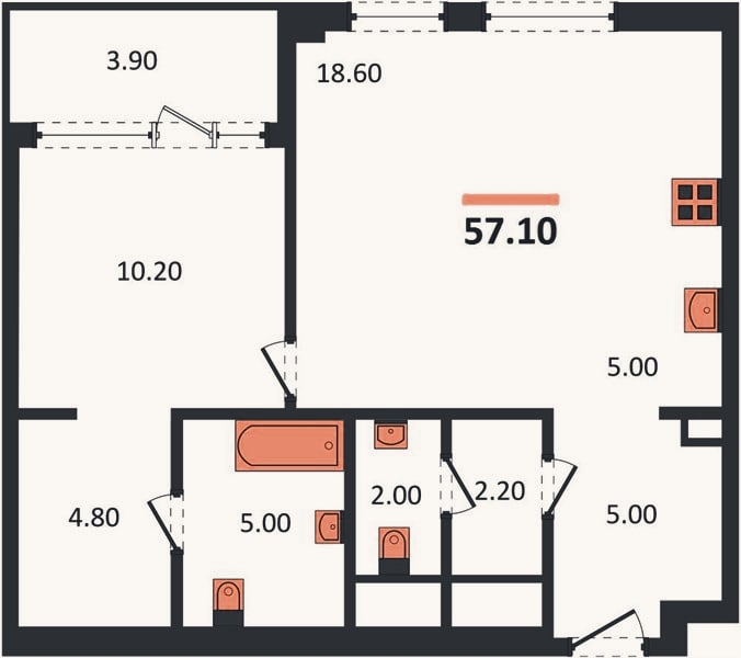 Планировка: 1-к, 57,1 м²