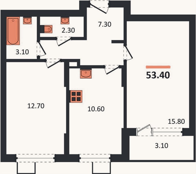 Планировка: 2-к, 53,4 м²