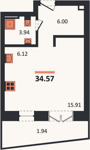 Планировка: Студия, 34,6 м²
