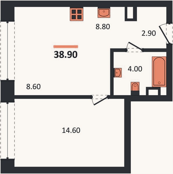 Планировка: 1-к, 38,9 м²