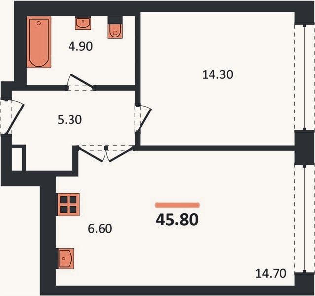 Планировка: 2-к, 45,8 м²