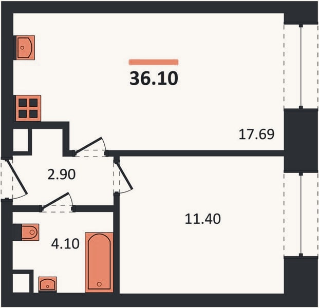 Планировка: 1-к, 36,1 м²