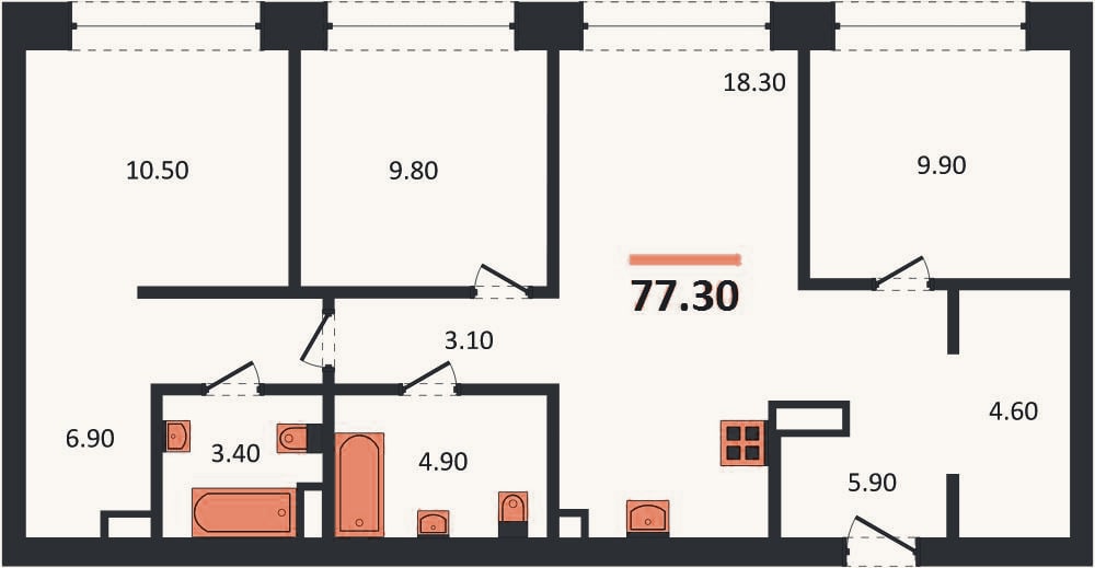 Планировка: 3-к, 77,8 м²