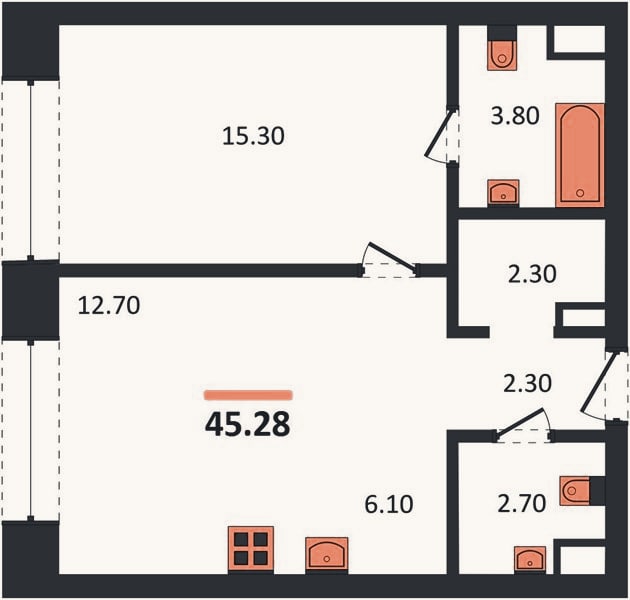 Планировка: 1-к, 45,3 м²