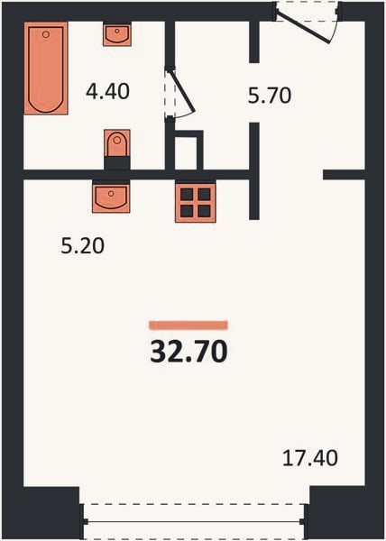 Планировка: Студия, 32,7 м²