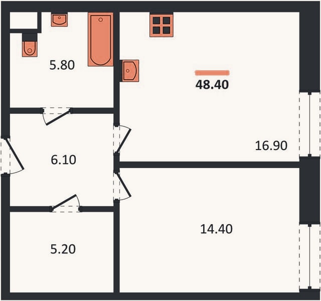 Планировка: 1-к, 48,4 м²
