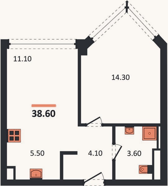 Планировка: 1-к, 38,6 м²