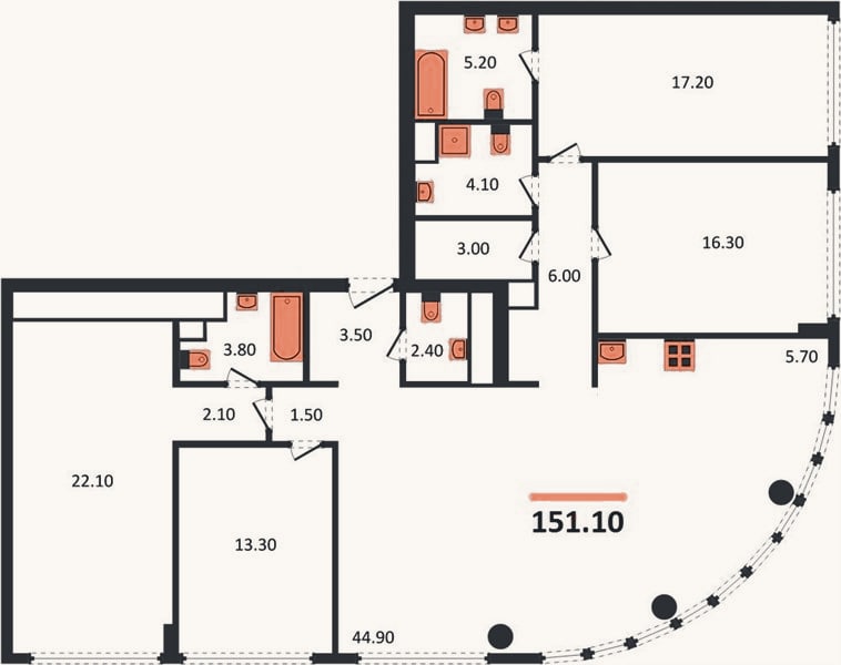 Планировка: 4+ к, 151,1 м²