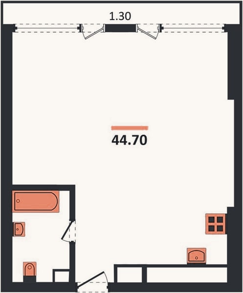 Планировка: 1-к, 44,7 м²